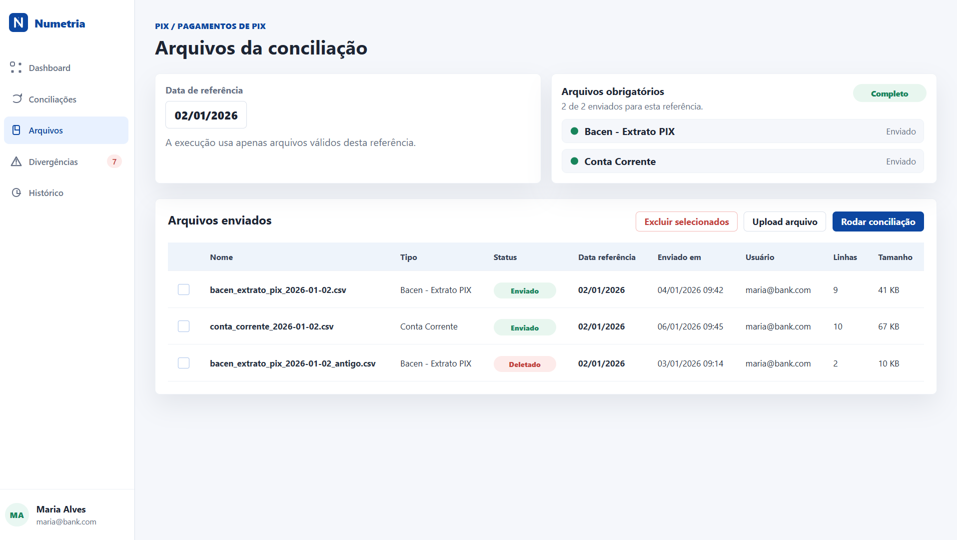 Tela de arquivos da conciliação na Numetria